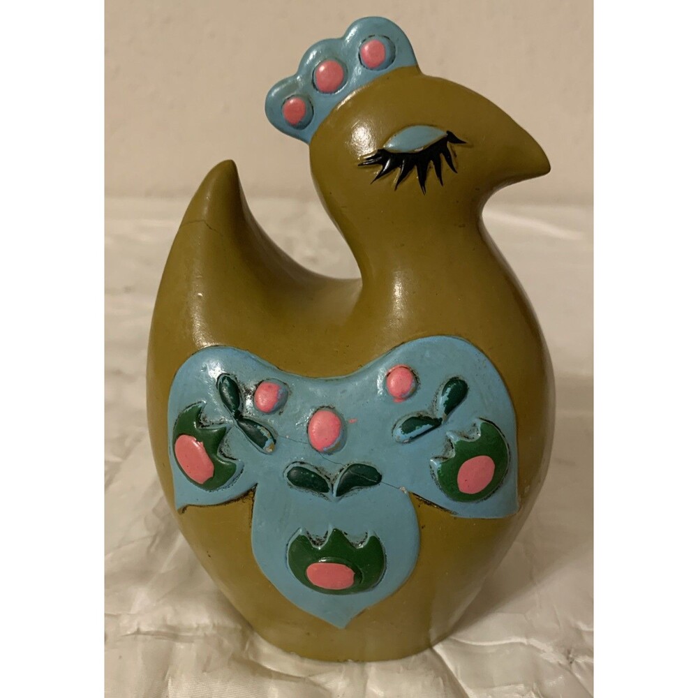 Vintage Paper Mache Chicken Bank Green Blue mid century